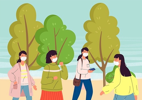 Vector illustration of people dont adhere to quarantine and self-isolation and walking in park in face medical masks. Concept of world epidemic, safety and health. Respiratory protection from virus