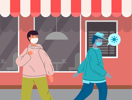 Infected man break the rules, dont adhere to quarantine and self-isolation. Unhealthy carrier wearing face medical mask spread virus. People don t keep a safe distance in public place near the shop