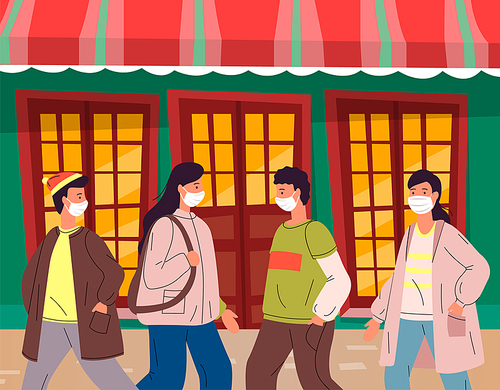 Crowd of people break rules of quarantine and self-isolation. Men and women wearing medical mask dont keep a safe distance in public place. Vector illustration of young people outdoor during pandemia
