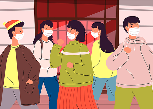 Vector illustration of people wering medical masks during viral pandemia in public place. People break rules of self-isolation walking to shopping mall. People protect themselves with medical masks