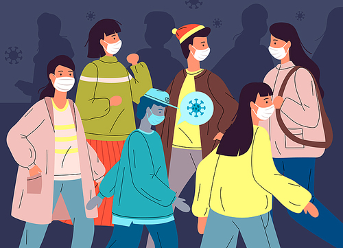 Infected people break the rules and don t adhere to quarantine and self-isolation. Unhealthy man and woman wear face medical mask spread the virus through other people. Concept of coronavirus 2019