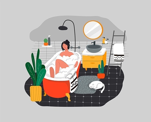 Girl relaxes in bath with foam and sleeping cat. Daily life and everyday routine scene by young woman in scandinavian style cozy bathroom with homeplants. Cartoon vector illustration.
