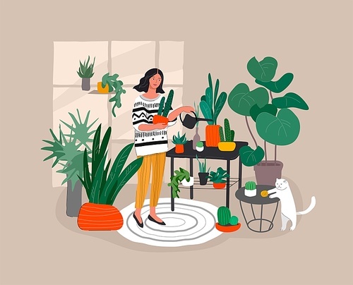 Girl caring for house plants in urban home garden with cat. Daily life and everyday routine scene by young woman in scandinavian style cozy interior with homeplants. Cartoon vector illustration.