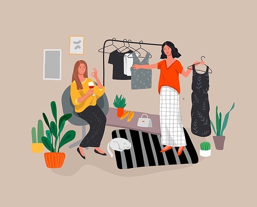 Girls choose outfits in wardrobe, drink wine and laugh, shopping and relaxing. Daily life and everyday routine scene in scandinavian style cozy interior with homeplants. Cartoon vector illustration