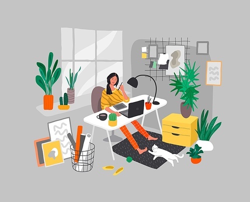 Freelancer designer girl working in nordic style home office with cat. Daily life and everyday routine scene by young woman in scandinavian style cozy interior with homeplants. Cartoon vector illustration.