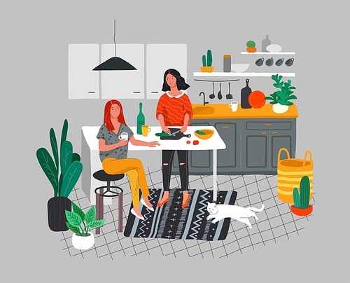 Girlfriends preparing dinner in kitchen drink coffee and talking. Daily life and everyday routine scene by young woman in scandinavian style cozy interior with homeplants. Cartoon vector illustration
