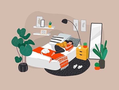 Sweet girl sleeping in bed with relaxing white cat . Daily life and everyday routine scene by young woman in scandinavian style cozy interior bedroom with homeplants. Cartoon vector illustration.