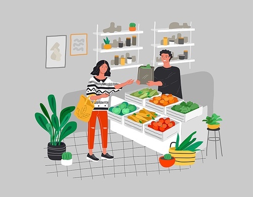 girl grocery shopping healthy green  food in a store or market. daily life and everyday routine scene by young woman in scandinavian style cozy interior with homeplants. cartoon vector illustration