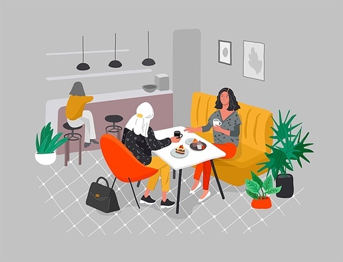 Girlfriends sitting in cafe or bar eating sweets, drinking coffee and talking. Daily life and everyday routine scene by young woman in scandinavian, style cozy interior with homeplants. Cartoon vector illustration.