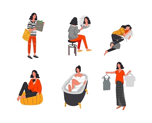 Set of beautiful girl character in daily life scenes. Young woman shopping, makes up, sleeping, relaxes, takes a bath, chooses clothes, drinking coffee. Flat cartoon vector illustration