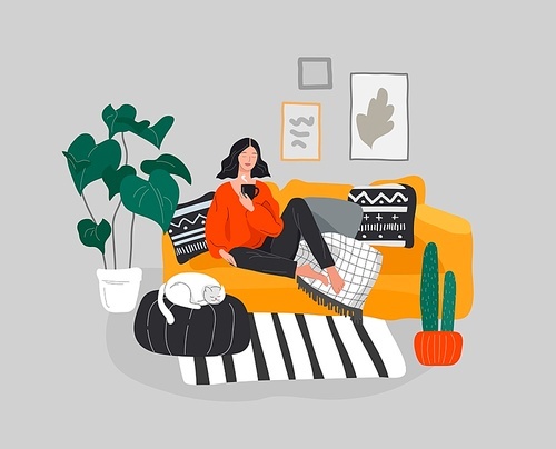 Girl girl sitting and resting on the couch with a cat and coffee. Daily life and everyday routine scene by young woman in scandinavian style cozy interior with homeplants. Cartoon vector illustration.