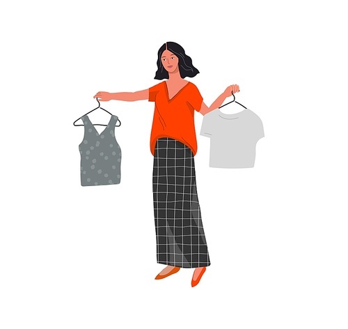 Beautiful girl in daily life scene. Young woman shopping and chooses clothes Flat cartoon vector illustration