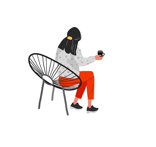 Beautiful girl in daily life scene. Young woman resting in armchair or ottoman and drinking coffee or wine . Flat cartoon vector illustration