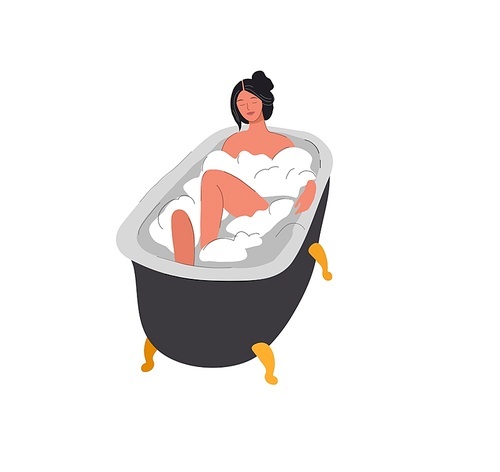 Beautiful girl in daily life scenes. Young woman relaxes, takes bath with foam. Flat cartoon vector illustration