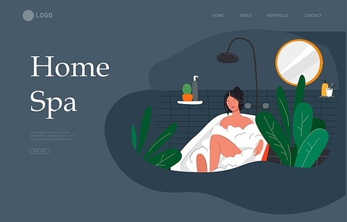 Landing page template with Girl relaxes in bath with foam and sleeping cat. Daily life and everyday routine scene by young woman in scandinavian style cozy bathroom. Cartoon vector illustration.