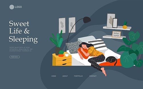Landing page template with Sweet girl sleeping in bed with relaxing white cat . Daily life and everyday routine scene by young woman in scandinavian style cozy interior bedroom. Cartoon vector illustration.
