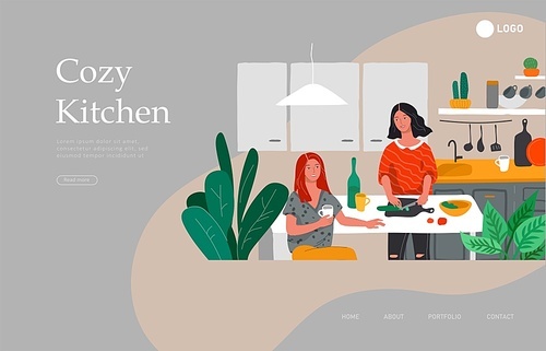 Landing page template with Girlfriends preparing dinner in kitchen drink coffee and talking. Daily life and everyday routine scene by young woman in scandinavian style cozy interior. Cartoon vector illustration