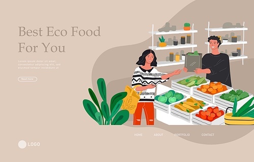 landing page template with girl grocery shopping healthy green  food in a store or market. daily life and everyday routine scene by young woman in scandinavian style cozy interior. cartoon vector illustration