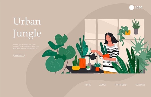 Landing page template with Girl caring for house plants in urban home garden with cat. Daily life and everyday routine scene by young woman in scandinavian style cozy interior. Cartoon vector illustration.
