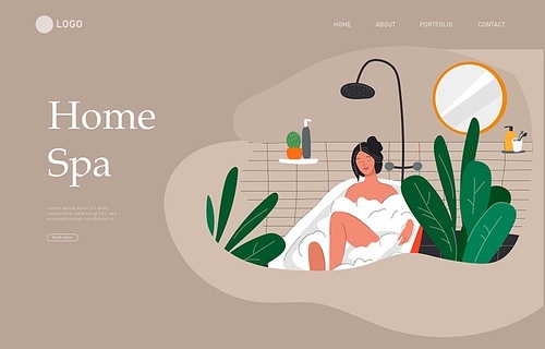 Landing page template with Girl relaxes in bath with foam and sleeping cat. Daily life and everyday routine scene by young woman in scandinavian style cozy bathroom. Cartoon vector illustration.