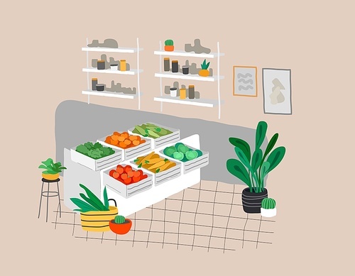 Healthy green eco food in a store or market. Scandinavian style cozy interior with homeplants. Cartoon vector illustration