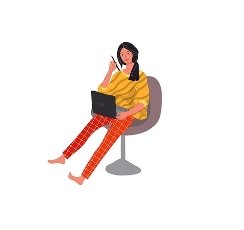 Beautiful girl in daily life scene. Young woman working at laptop with pen. Flat cartoon vector illustration