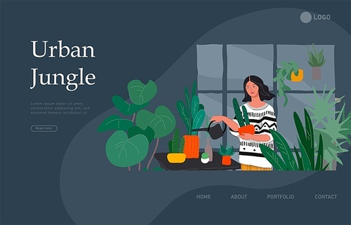Landing page template with Girl caring for house plants in urban home garden with cat. Daily life and everyday routine scene by young woman in scandinavian style cozy interior. Cartoon vector illustration.