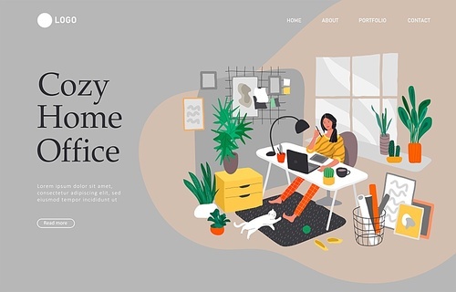 Landing page template with Freelancer designer girl working in nordic style home office with cat. Daily life and everyday routine scene by young woman in scandinavian style cozy interior. Cartoon vector illustration.