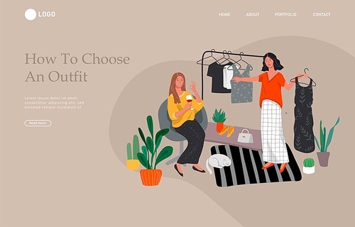 Landing page template with Girls choose outfits in wardrobe, drink wine and laugh, shopping and relaxing. Daily life and everyday routine scene in scandinavian style cozy interior. Cartoon vector illustration