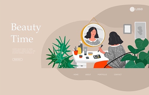 landing page template with girl makes make up in front of a mirror for skin care and beauty .ging. daily life and everyday routine scene by young woman in scandinavian style cozy interior. cartoon vector illustration