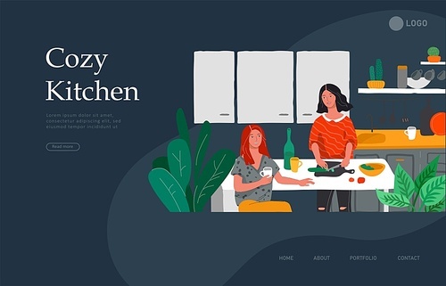 Landing page template with Girlfriends preparing dinner in kitchen drink coffee and talking. Daily life and everyday routine scene by young woman in scandinavian style cozy interior. Cartoon vector illustration