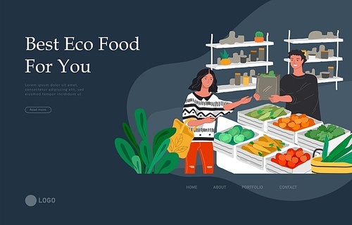 Landing page template with Girl grocery shopping healthy green eco food in a store or market. Daily life and everyday routine scene by young woman in scandinavian style cozy interior. Cartoon vector illustration