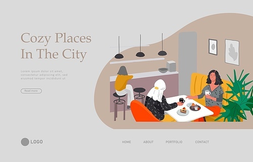 Landing page template with Girlfriends sitting in cafe or bar eating sweets, drinking coffee and talking. Daily life and everyday routine scene by young woman in scandinavian, style cozy interior. Cartoon vector illustration.