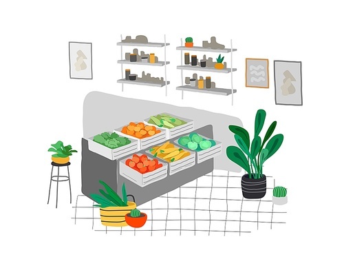 Healthy green eco food in a store or market. Scandinavian style cozy interior with homeplants. Cartoon vector illustration