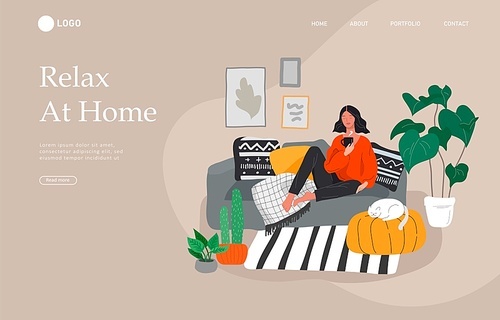 Landing page template with girl sitting and resting on the couch with a cat and coffee. Daily life and everyday routine scene by young woman in scandinavian style cozy. Cartoon vector illustration.