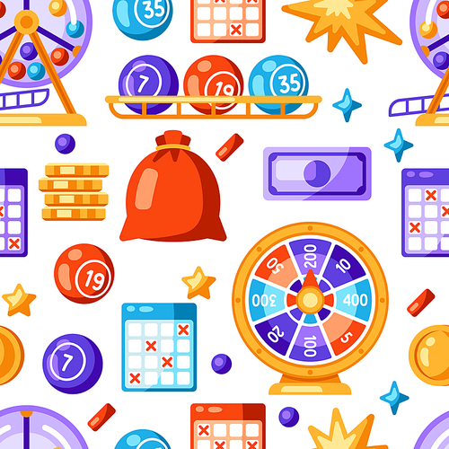 lottery and bingo seamless . icons of gambling or online games. background with lotto and casino items.
