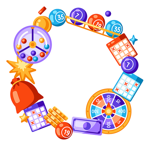 Lottery and bingo frame. Concept for gambling or online games. Background with lotto and casino items.