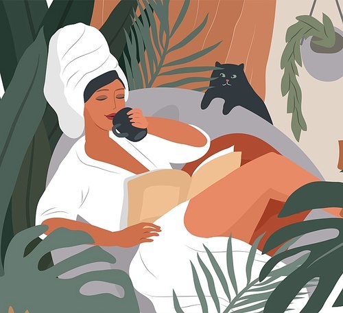 Happy cute girl with towel on head and in bathrobe, drinks coffeeor tea in morning after bathing, read the newspaper and resting with cat. Feminine Daily life by young woman with homeplant