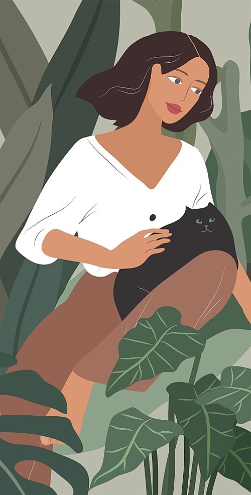 Feminine concept poster . Happy cute girls resting with cat and home plants. Feminine Daily life by young woman. Fashion illustration by female beauty and mental, femininity and feminism