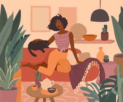 Cute african girl resting with a cat on couch. Feminine Daily life and everyday routine scene by young woman in home interior with homeplants. Cartoon vector illustration