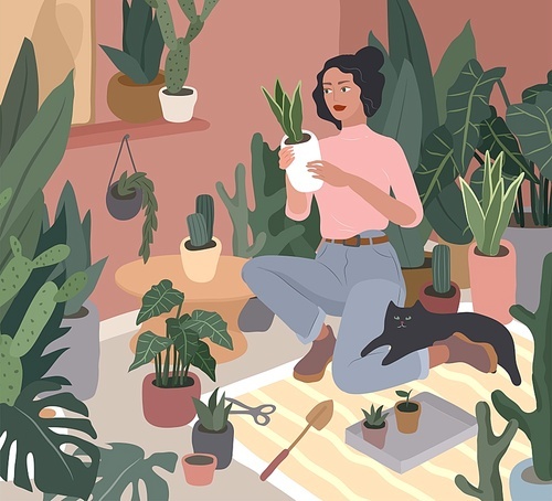 Girl caring for house plants in urban home garden with cat. Daily life and everyday routine scene by young woman in scandinavian style cozy interior with homeplants. Cartoon vector illustration.