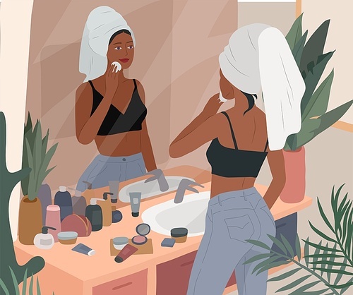 Cute girl with towel on head care for her skin after bathing, cleanses face and makeup. Feminine Daily life by young woman in bathroom interior with homeplants. Cartoon vector illustration