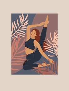 Feminine concept. Cute girl doing yoga poses. Lifestyle by young woman. Fashion illustration by femininity, beauty and mental health. Vector cartoon illustration