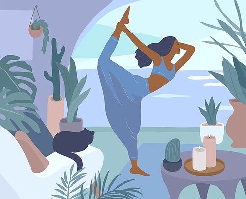 Cute girl doing yoga poses. Lifestyle by young woman in home interior with homeplants. Fashion illustration by femininity, beauty and mental health. Feminine cartoon illustration