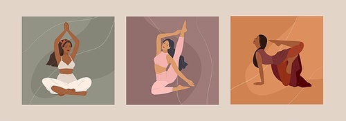 Feminine concept. Cute girl doing yoga poses. Lifestyle by young woman. Fashion illustration by femininity, beauty and mental health. Vector cartoon illustration