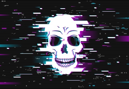 Human skull on glitched screen background. Computer virus, hacker or malware software, phishing attack danger, death in internet concept with skull, digital glitch pixels and lines. Cyberpunk backdrop