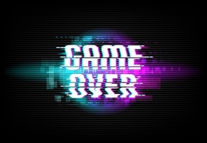 Game over screen digital glitch background. Computer game defeat, Internet cyber attack threatening message or gambling lose conceptual backdrop with glitched display color pixel noise vector