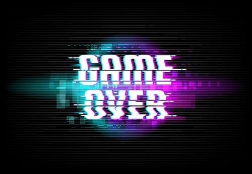 Game over screen digital glitch background. Computer game defeat, Internet cyber attack threatening message or gambling lose conceptual backdrop with glitched display color pixel noise vector