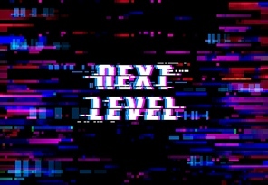 Glitch background, Next Level pixels and digital noise on screen, vector. Glitch on TV or computer display, VHS video television effect for game, video signal distortion