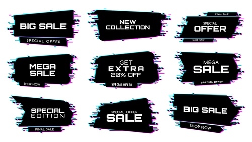 Sale labels with glitch effect, vector icons for special edition mega sale. New collection, special offer discount for black friday price off promotion isolated on white , glitch banners